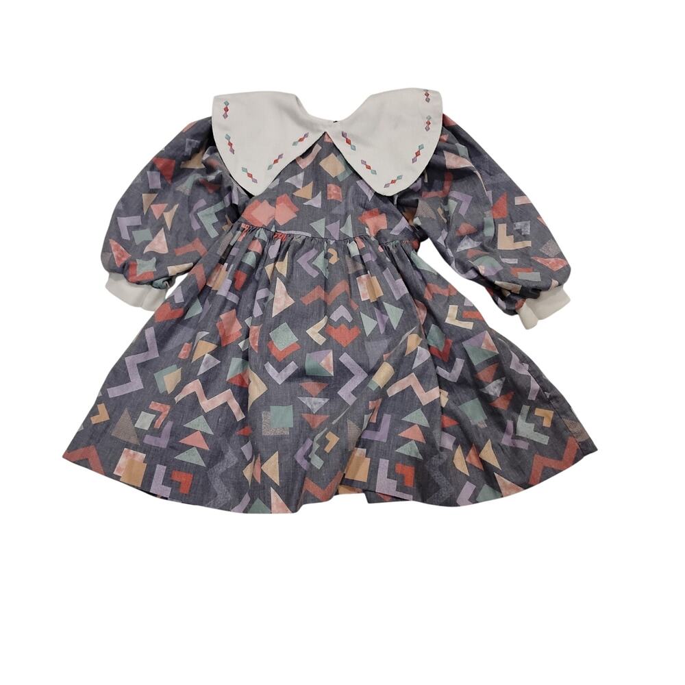 VTG 2T Toddler Girls Dress Key to Fashion Peter Pan Collar Geometric PatternUSA